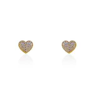 14k Small Pave CZ Heart Earrings With Ridged Border