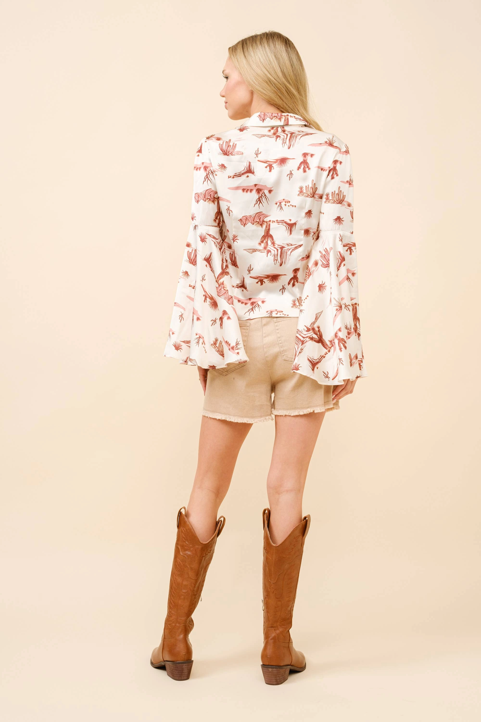 36301T - Western Print Satin Button Up Bell Sleeve Blouse: IVORY