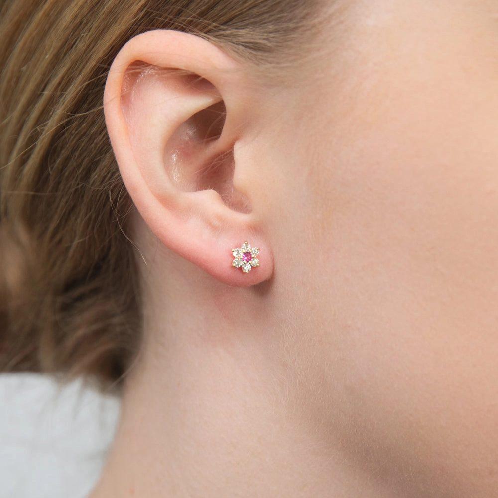 9ct Alluring Yellow Gold Created Ruby   Cubic Zirconia Stud Earrings