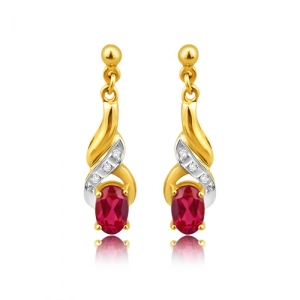 9ct Alluring Yellow Gold Created Ruby   Diamond Drop Earrings