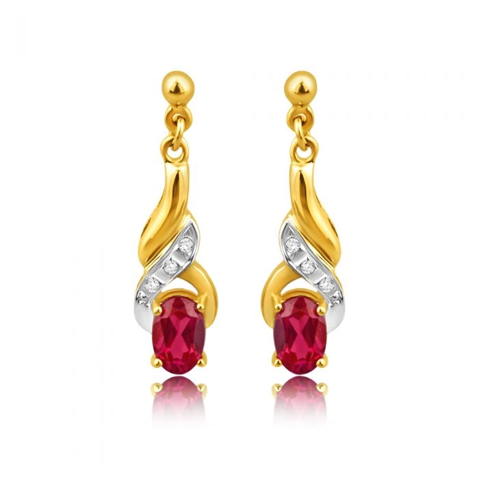 9ct Alluring Yellow Gold Created Ruby   Diamond Drop Earrings