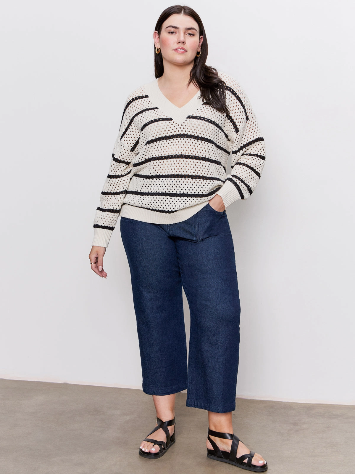 Airy Openwork Sweater Chalk Black Stripe Extended Sizing
