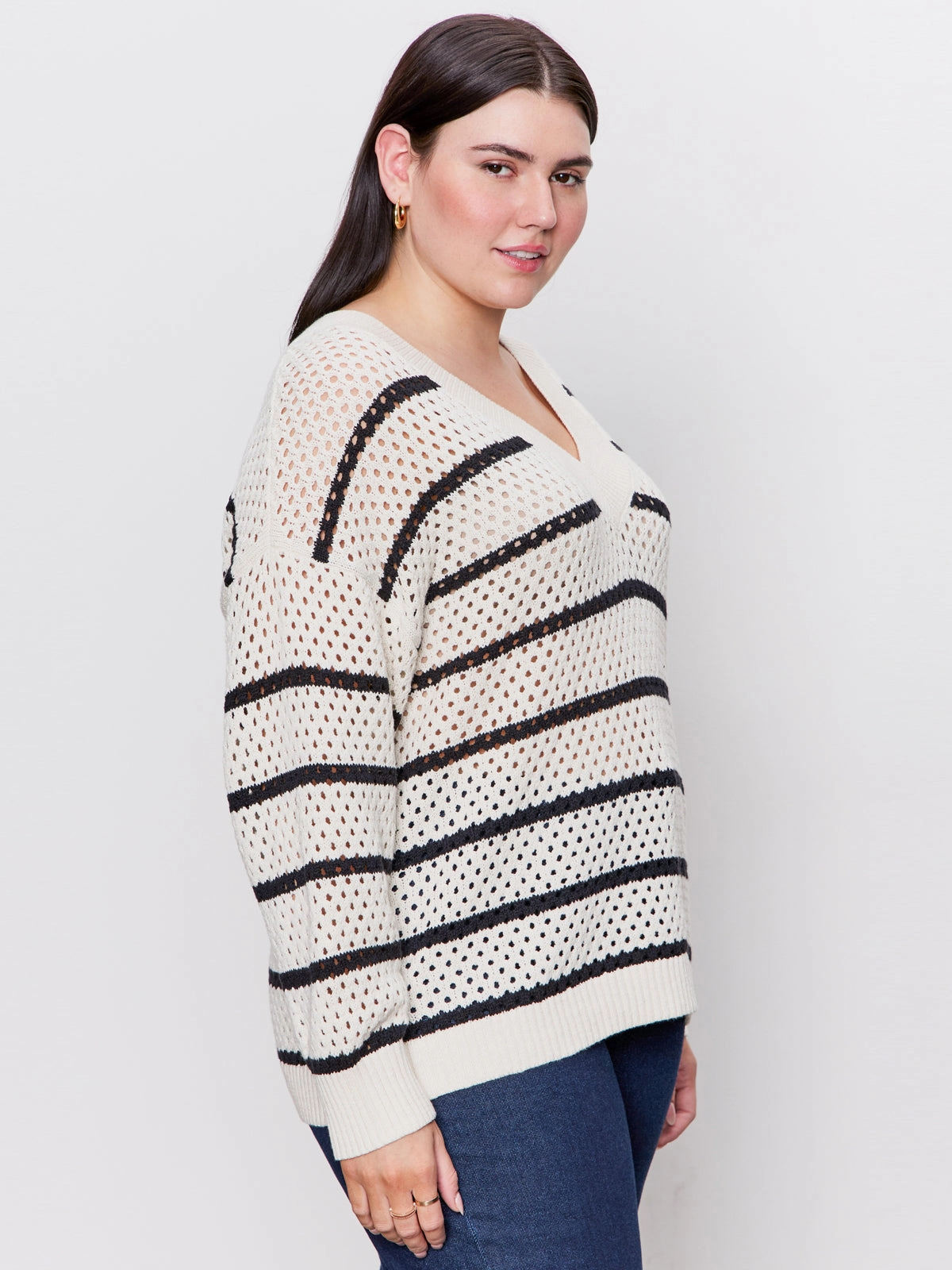 Airy Openwork Sweater Chalk Black Stripe Extended Sizing