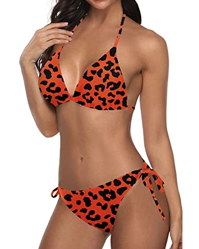 Alluring Tie Side Bottom Bikini Sets For Women-Orange And Leopard