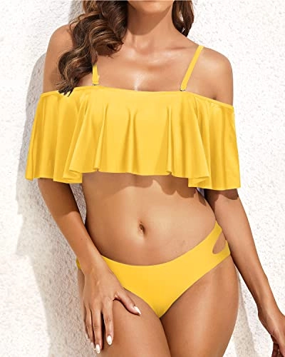 Alluring Two Piece Ruffle Off Shoulder Bikini Set For Women-Neon Yellow