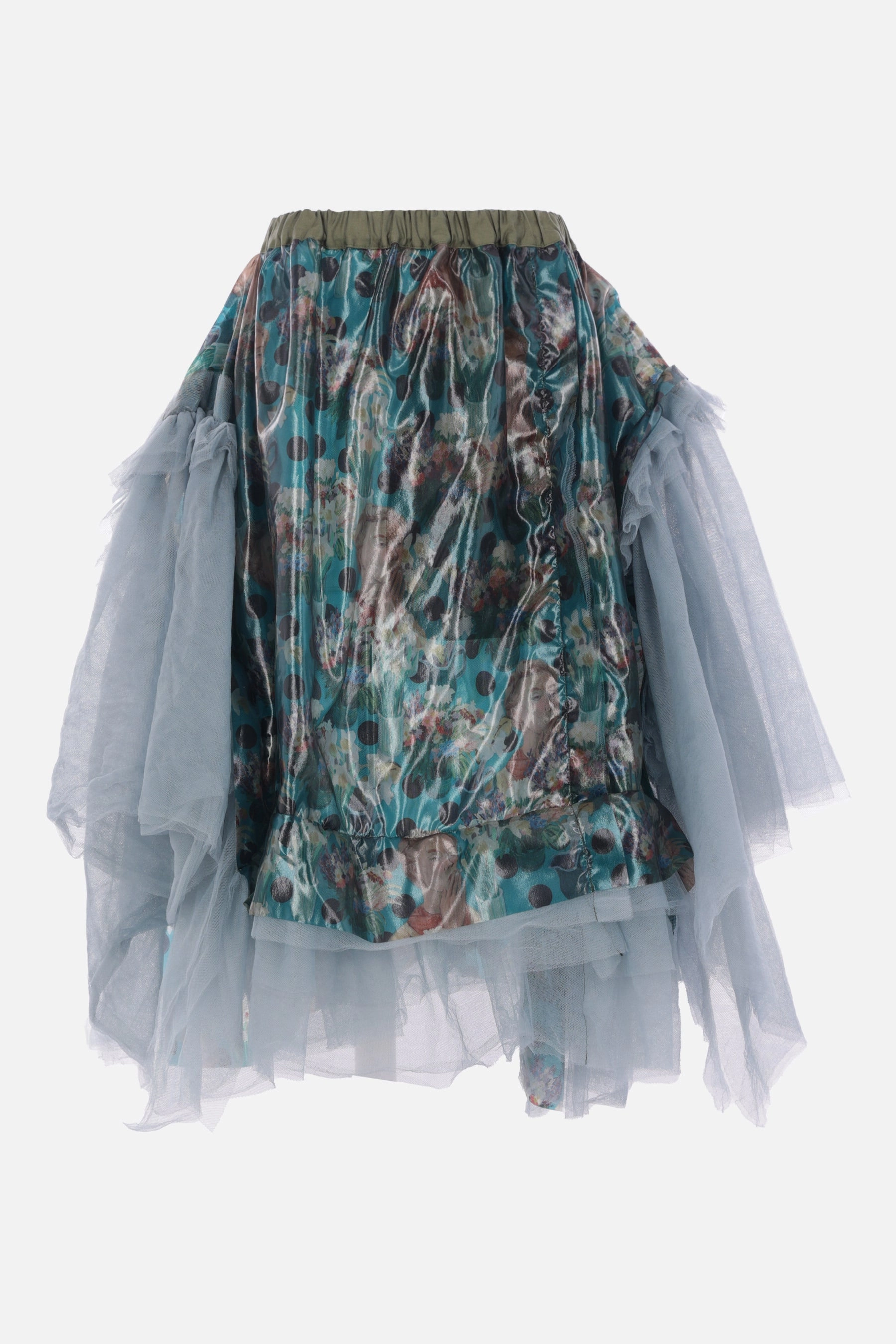 asymmetric skirt in printed nylon and tulle