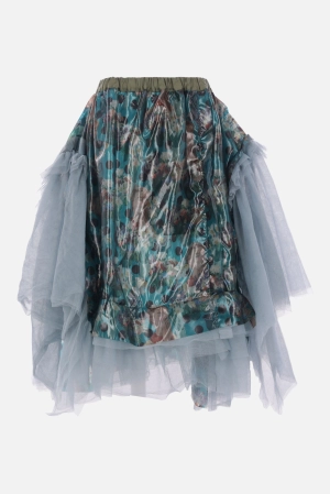 asymmetric skirt in printed nylon and tulle