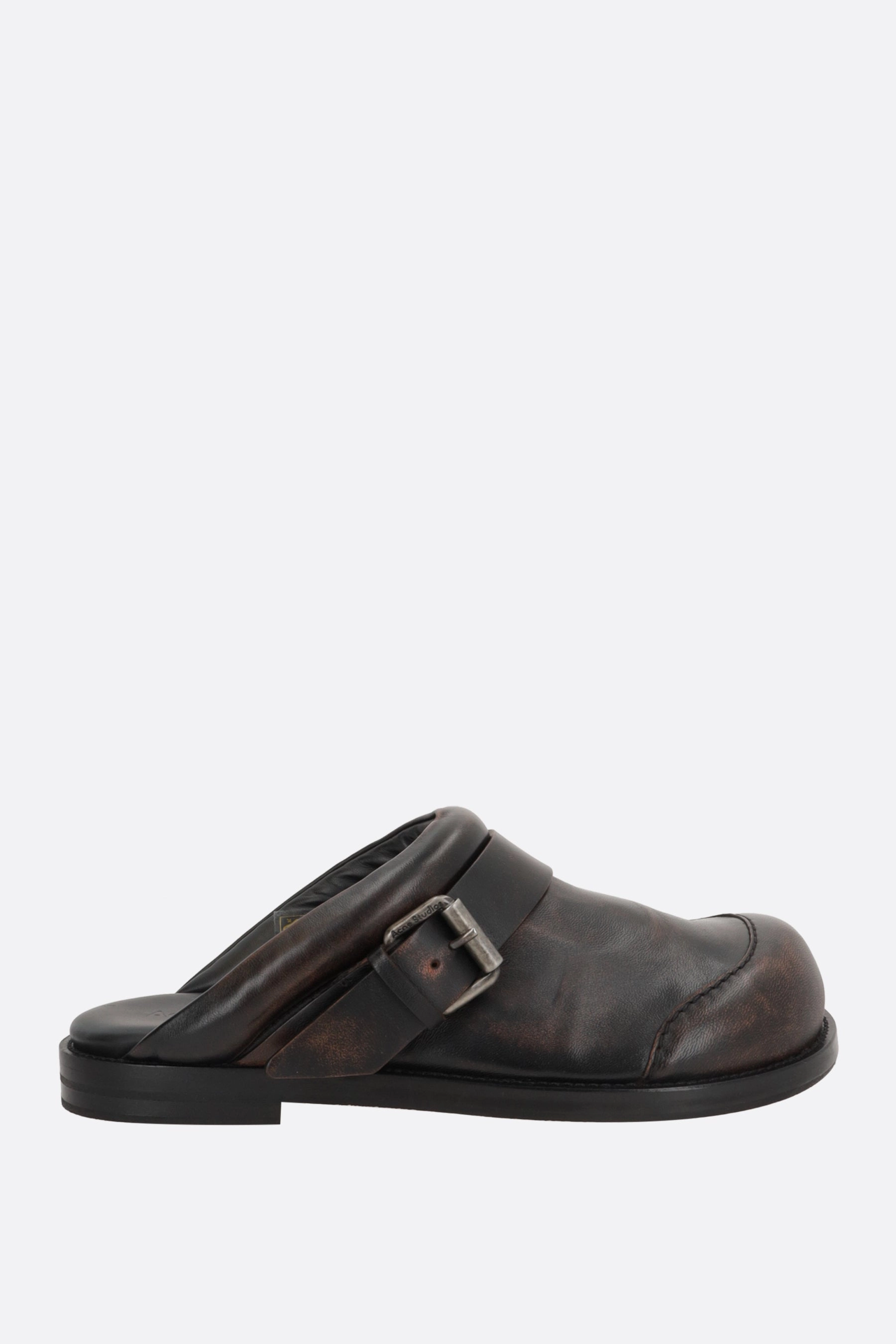 glossy leather mules with buckle-detail