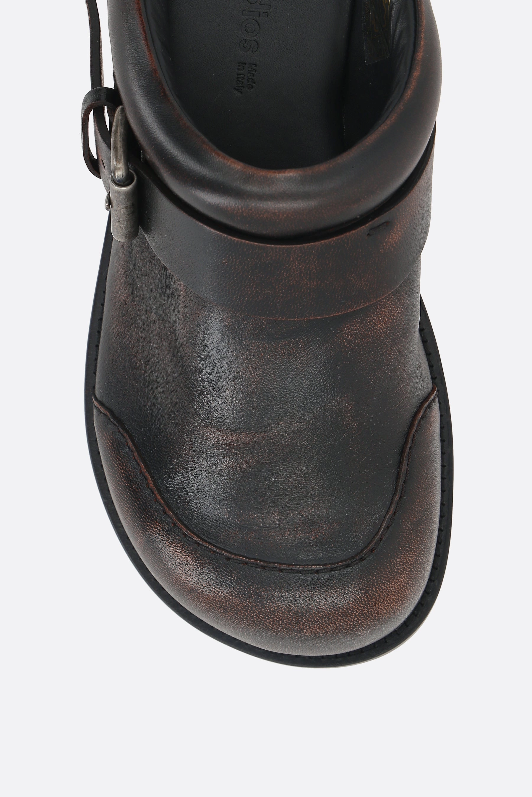glossy leather mules with buckle-detail