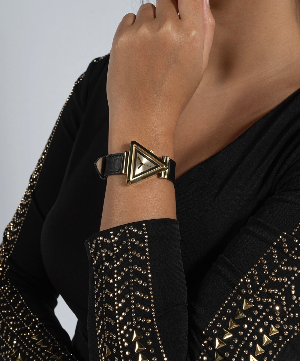 GUESS Ladies Black Gold Tone Analog Watch