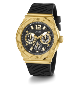 GUESS Mens Black Gold Tone Multi-function Watch