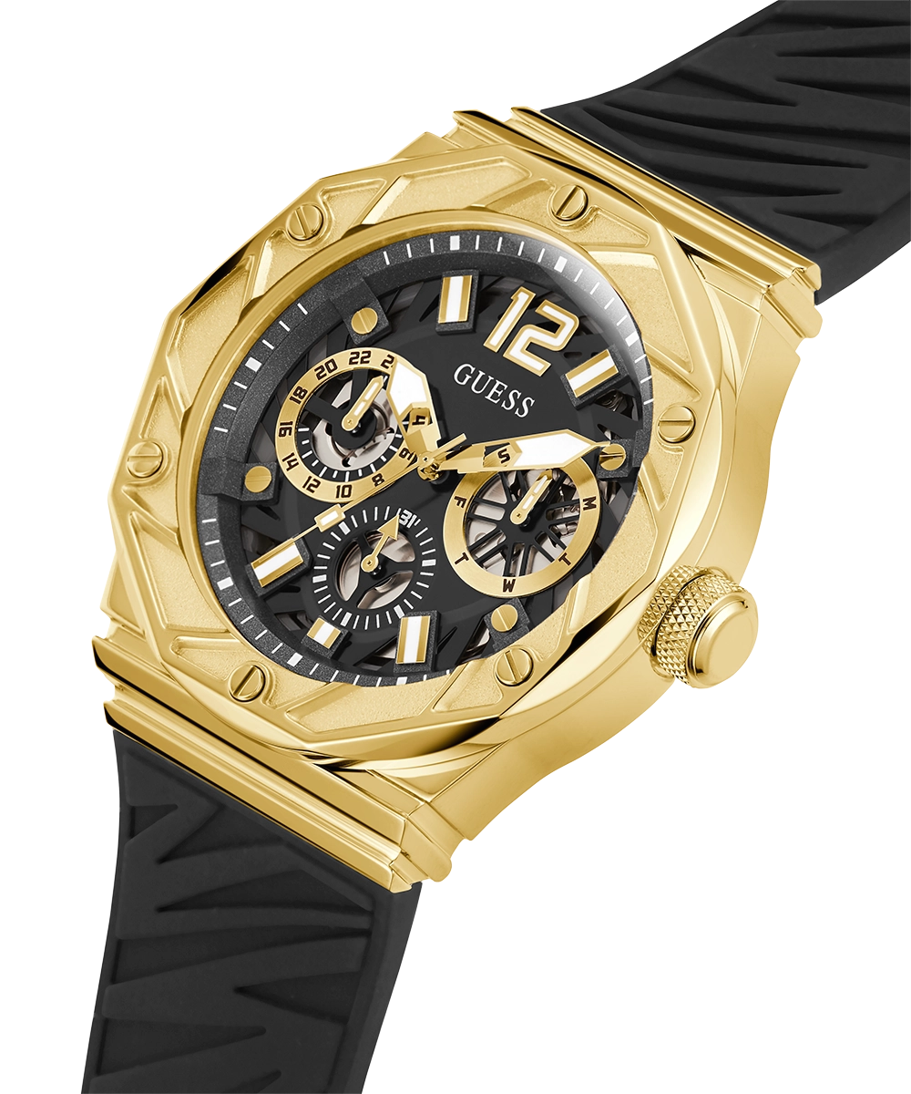 GUESS Mens Black Gold Tone Multi-function Watch
