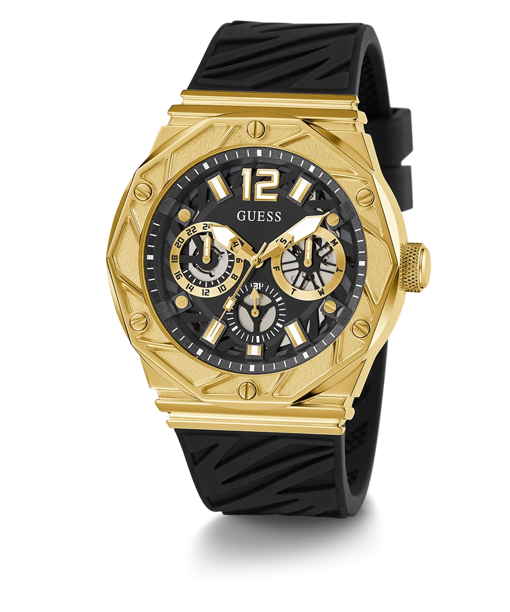 GUESS Mens Black Gold Tone Multi-function Watch