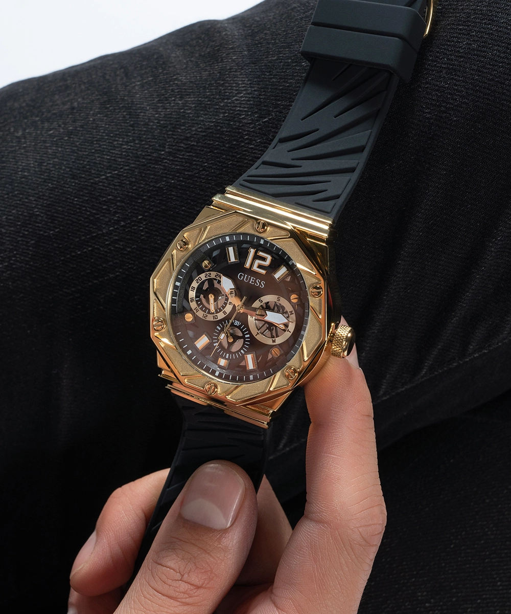 GUESS Mens Black Gold Tone Multi-function Watch