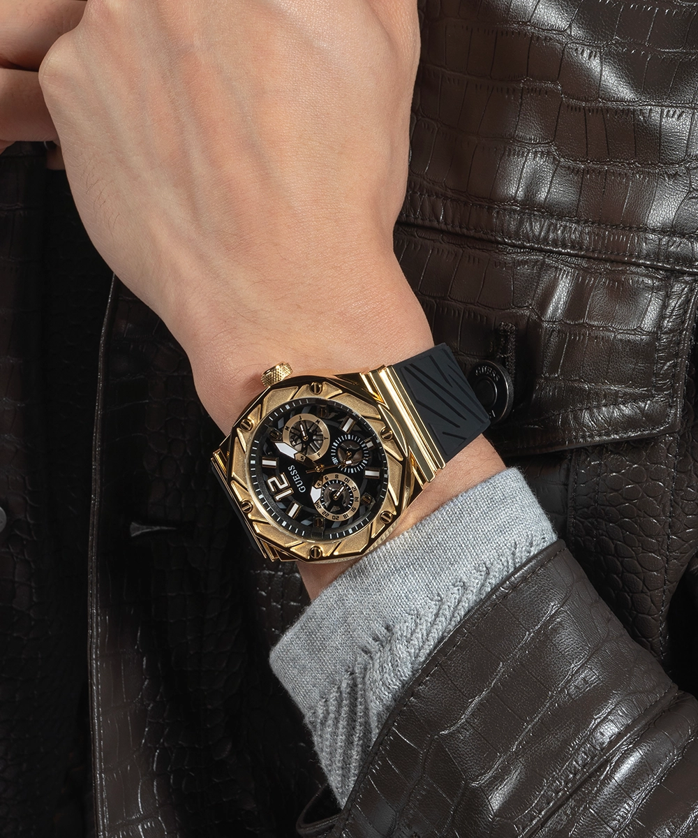 GUESS Mens Black Gold Tone Multi-function Watch