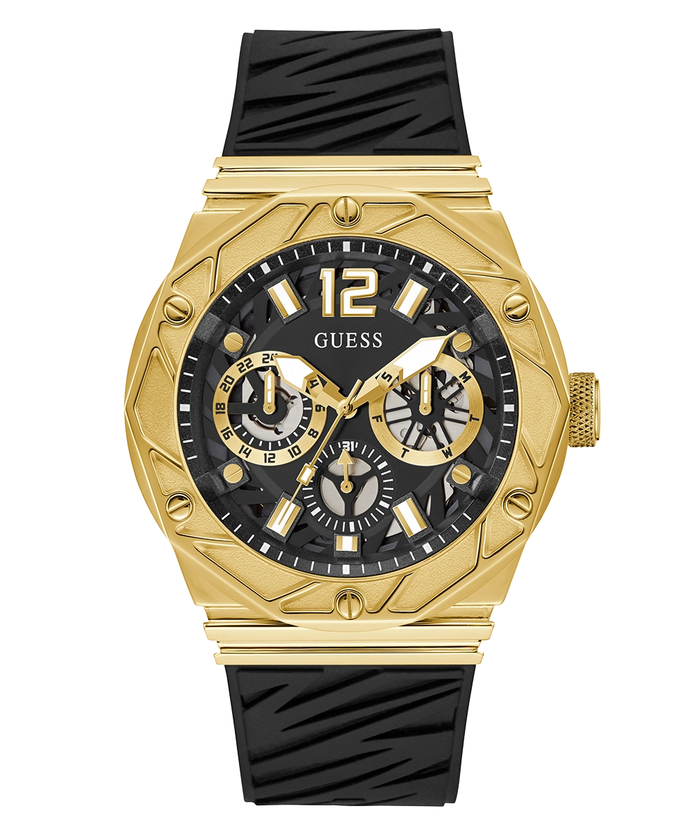 GUESS Mens Black Gold Tone Multi-function Watch