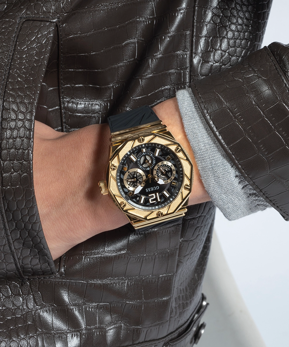 GUESS Mens Black Gold Tone Multi-function Watch
