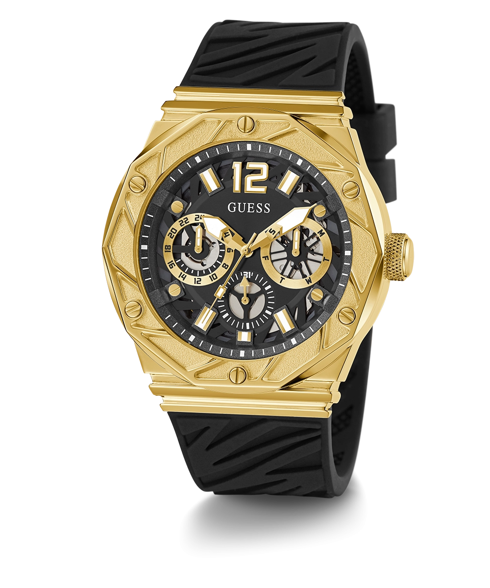 GUESS Mens Black Gold Tone Multi-function Watch