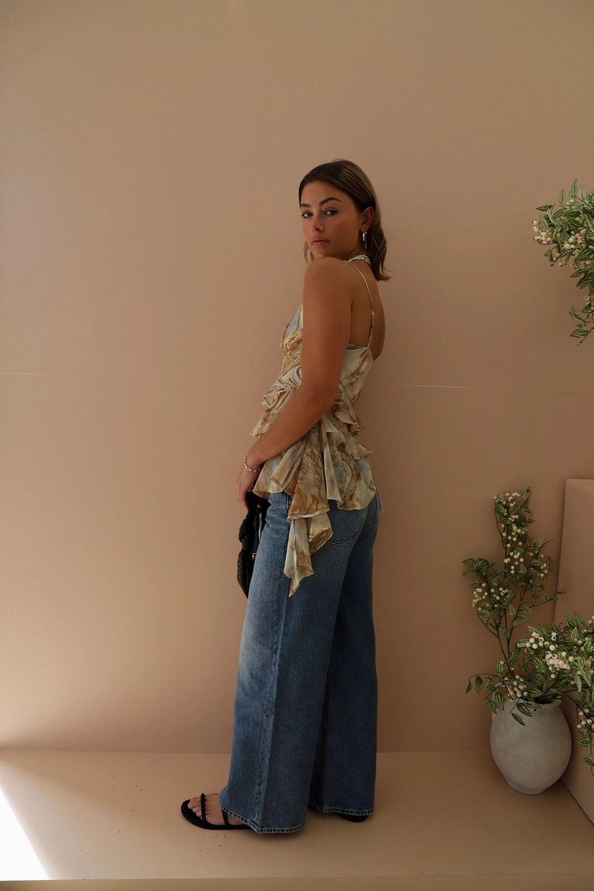 MARBLE PRINT CHIFFON WRAP TOP