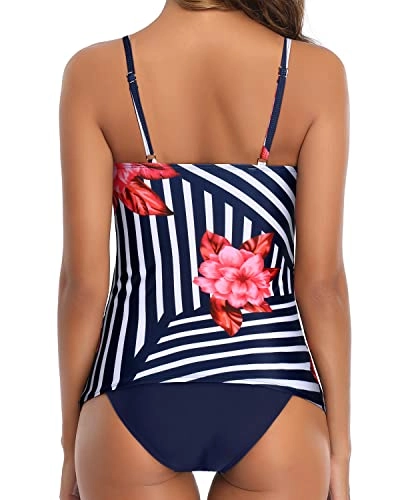 Modest Full Coverage Two Piece Tankini Swimsuit-Blue Floral