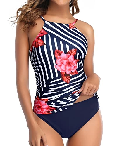 Modest Full Coverage Two Piece Tankini Swimsuit-Blue Floral