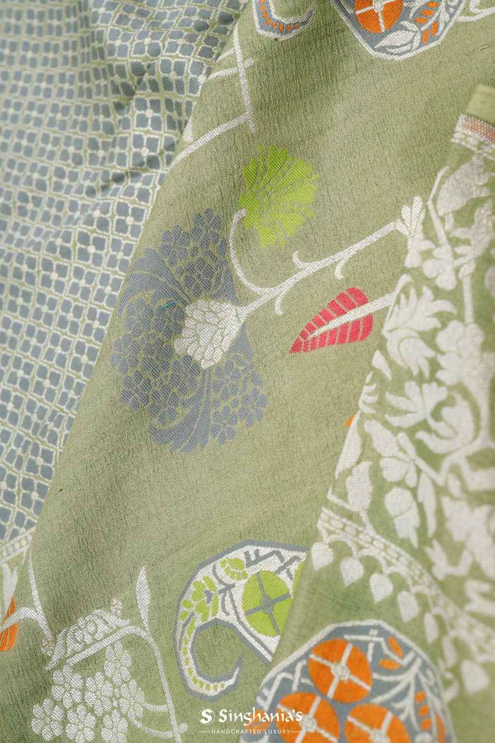 Tea Green Banarasi Tussar Saree With Floral Jaal