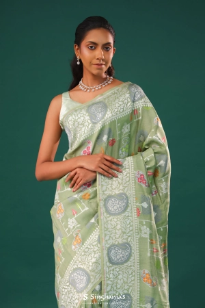 Tea Green Banarasi Tussar Saree With Floral Jaal