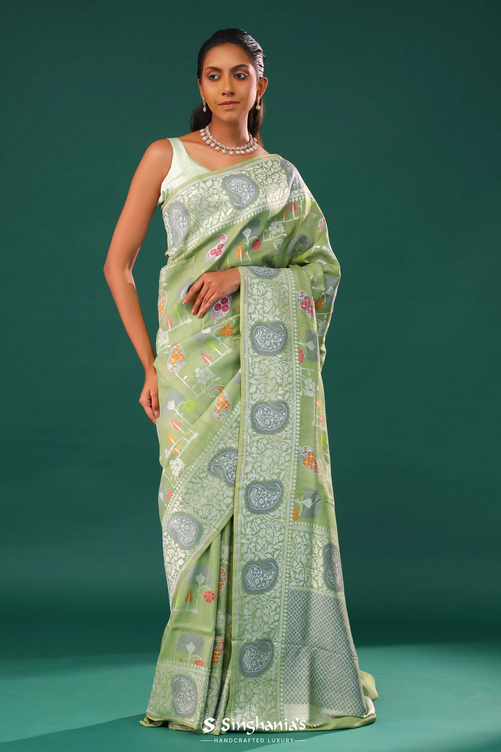 Tea Green Banarasi Tussar Saree With Floral Jaal