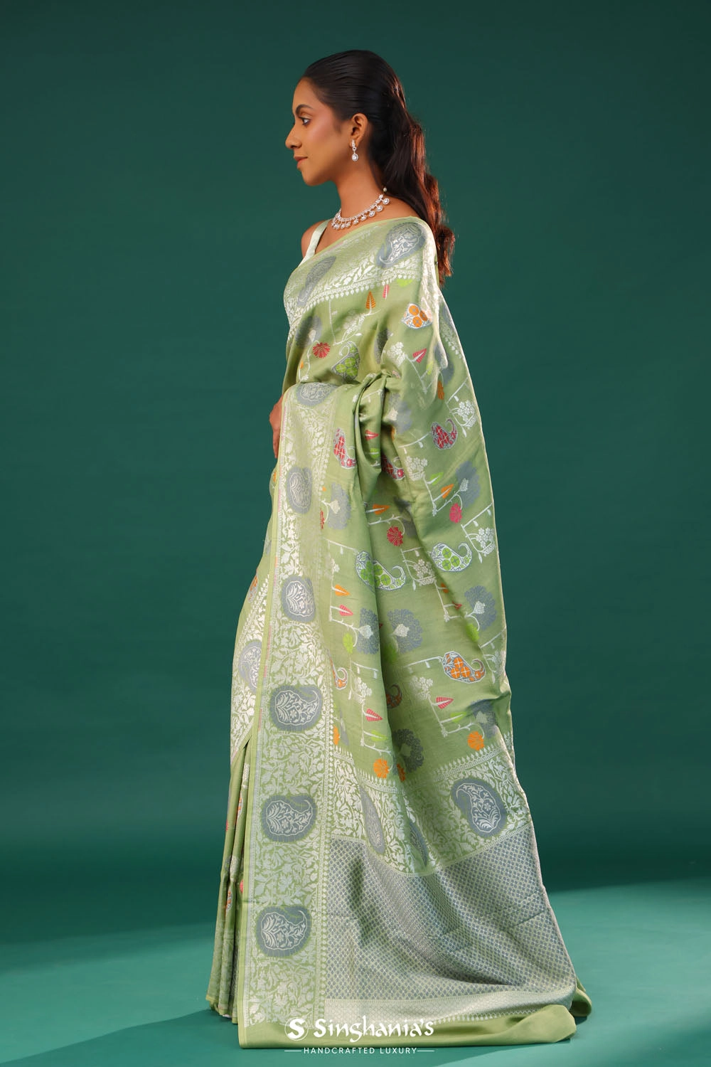 Tea Green Banarasi Tussar Saree With Floral Jaal