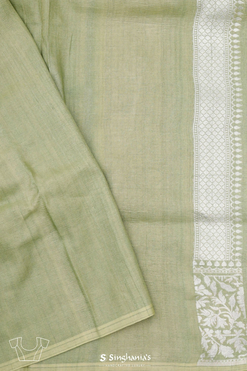 Tea Green Banarasi Tussar Saree With Floral Jaal