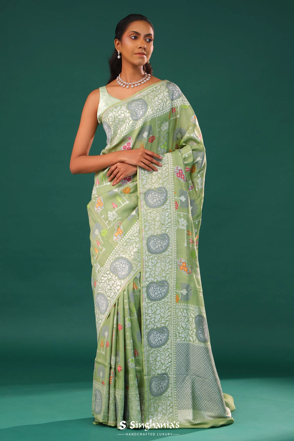 Tea Green Banarasi Tussar Saree With Floral Jaal