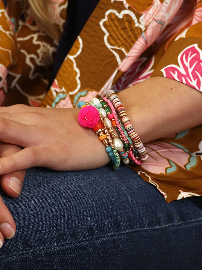 Turquoise Mix Boho Bracelet With Pink Pompom
