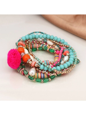 Turquoise Mix Boho Bracelet With Pink Pompom