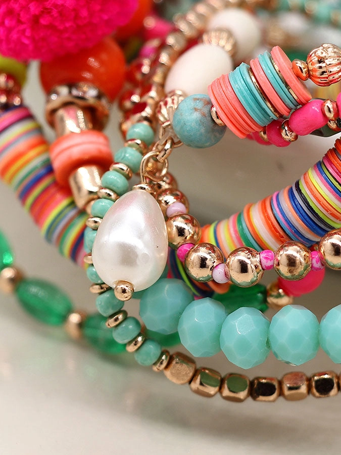 Turquoise Mix Boho Bracelet With Pink Pompom