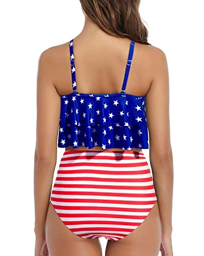 Women's Two Piece Deep Crew Neckline Bikini Set Ruffle Flounce Crop Top